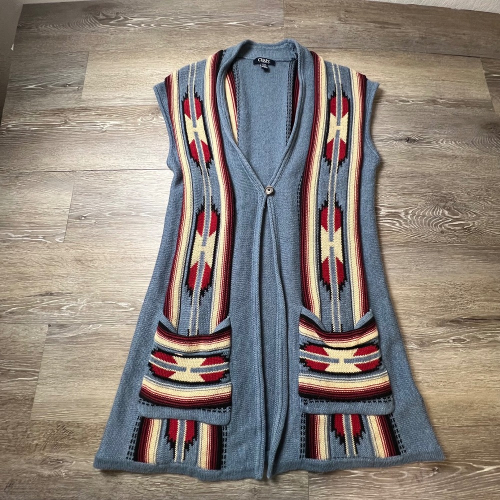 Chaps Denim Sweater Vest Womens Small Blue Southwestern Knit Longline Pockets